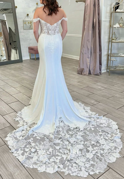 off Shoulder Appliqued Lace Mermaid Court Train Wedding Dress with Side Slit