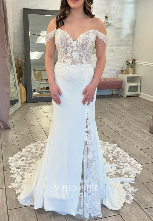 off Shoulder Appliqued Lace Mermaid Court Train Wedding Dress with Side Slit
