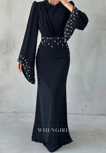 Column Long Sleeves Pleated Bateau Neck Floor Length Evening Formal Dress