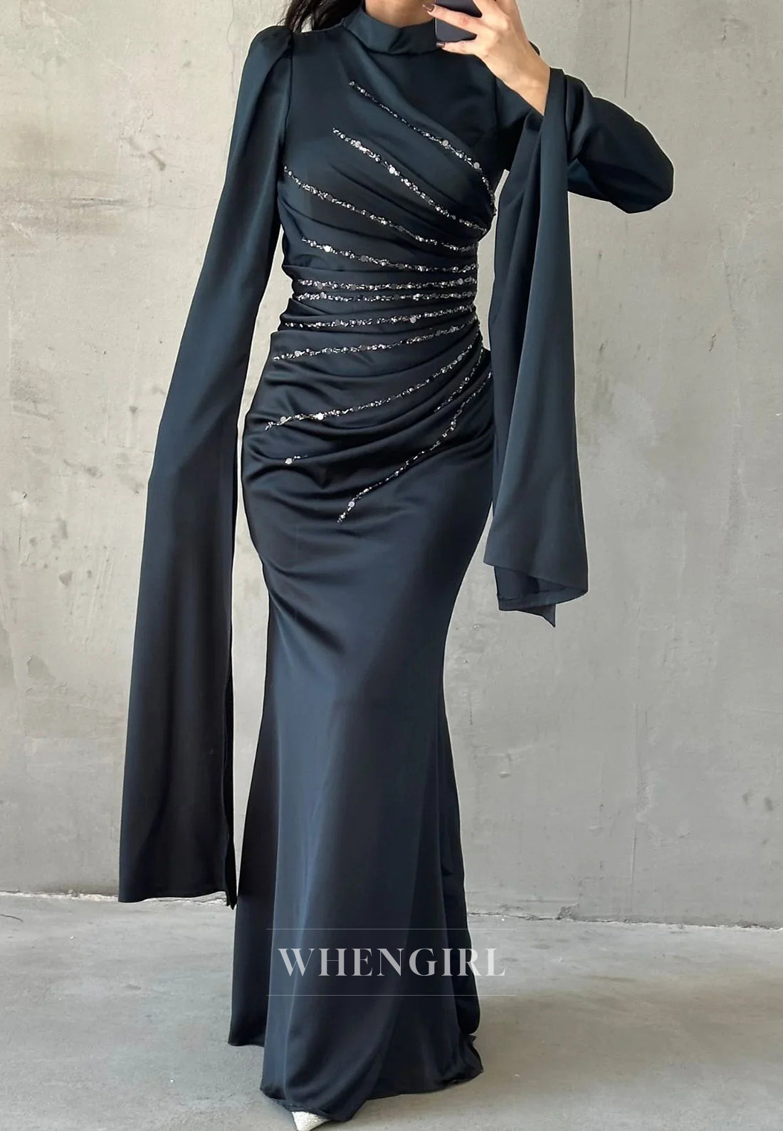 Sheath High Neck Long Sleeves Pleated Beaded Long Formal Evening Dress
