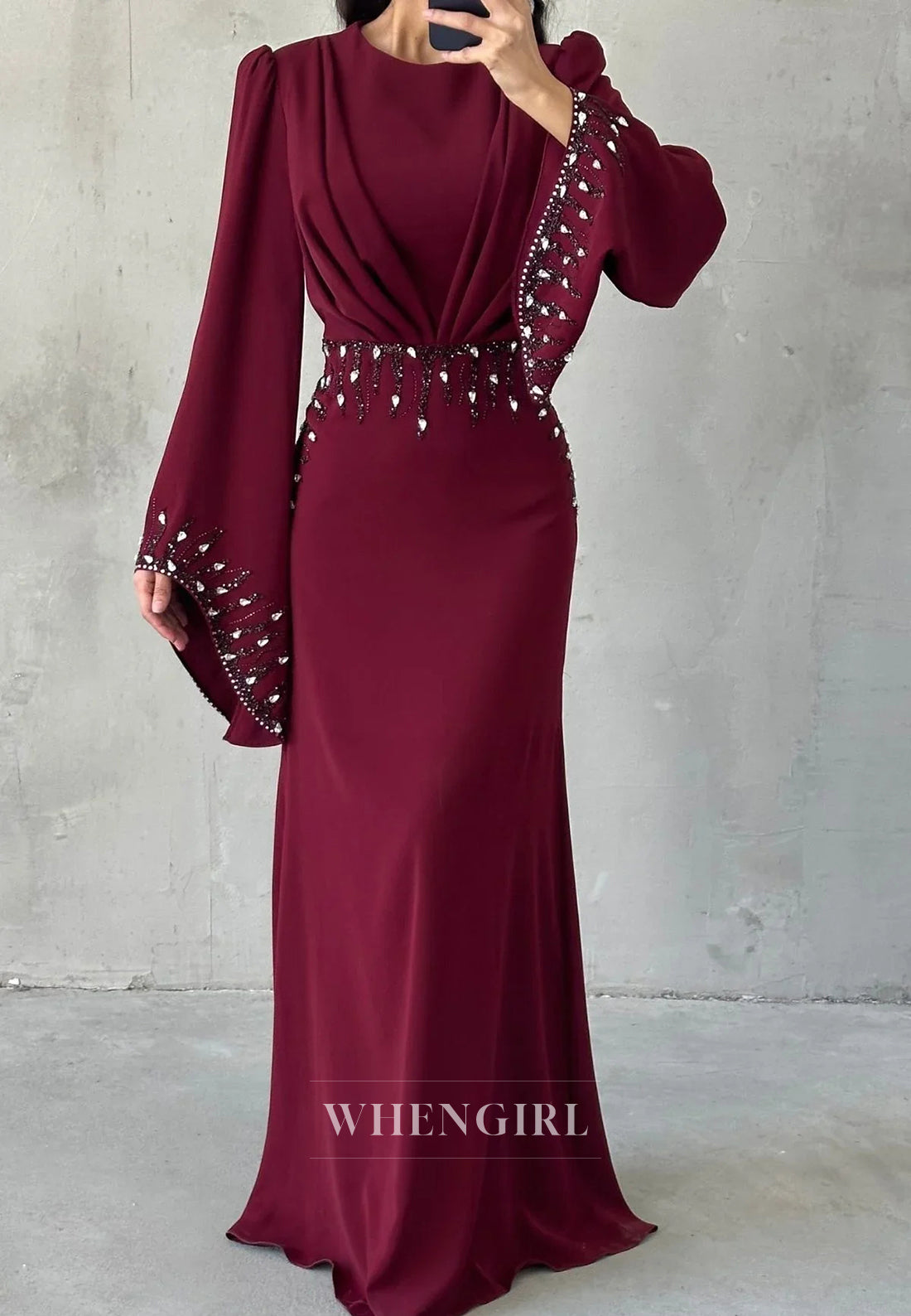 Column Long Sleeves Pleated Bateau Neck Floor Length Evening Formal Dress