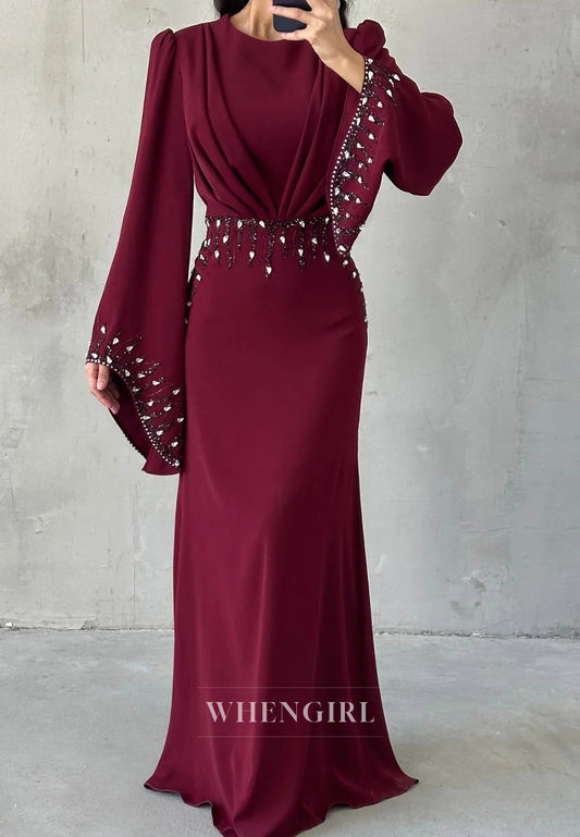 Column Long Sleeves Pleated Bateau Neck Floor Length Evening Formal Dress