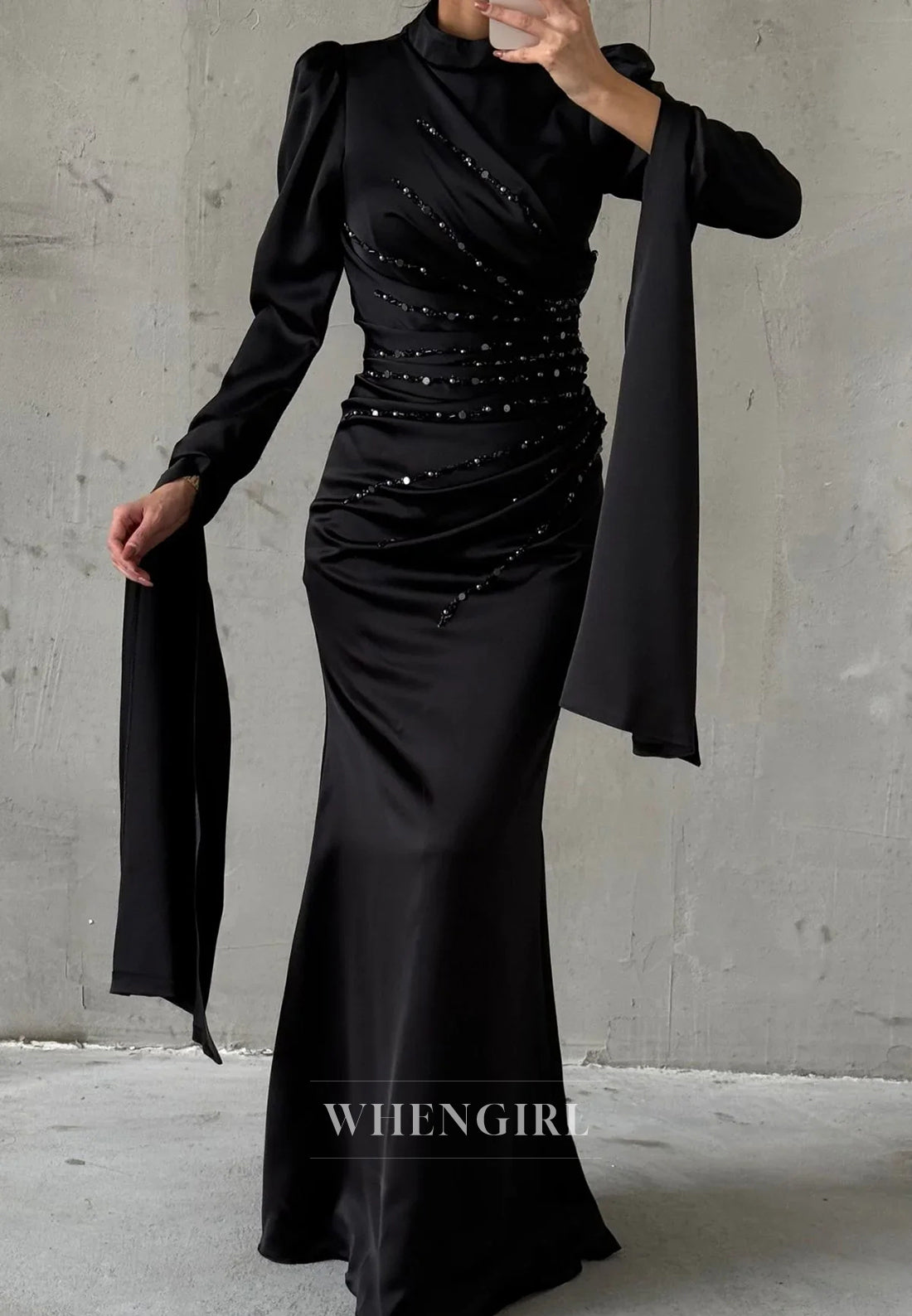 Sheath High Neck Long Sleeves Pleated Beaded Long Formal Evening Dress