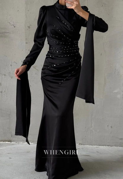Sheath High Neck Long Sleeves Pleated Beaded Long Formal Evening Dress