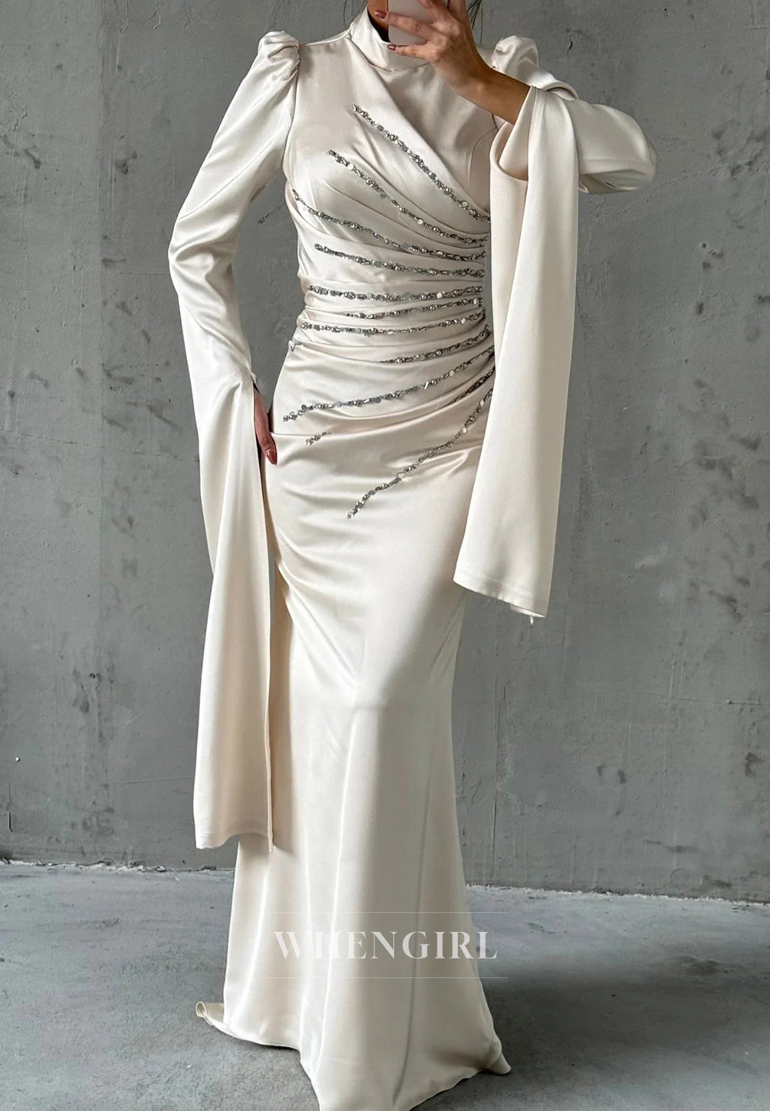 Sheath High Neck Long Sleeves Pleated Beaded Long Formal Evening Dress