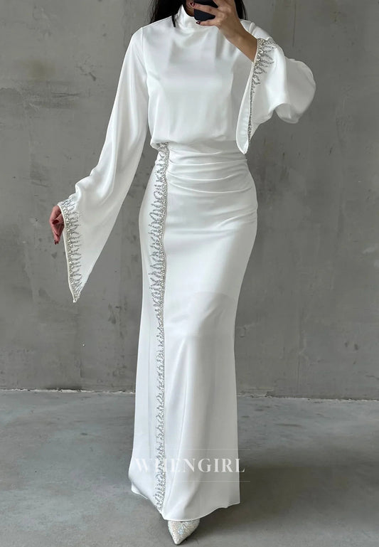 Sheath High Neck Long Sleeves Beaded Ankle Length Evening Formal Gown
