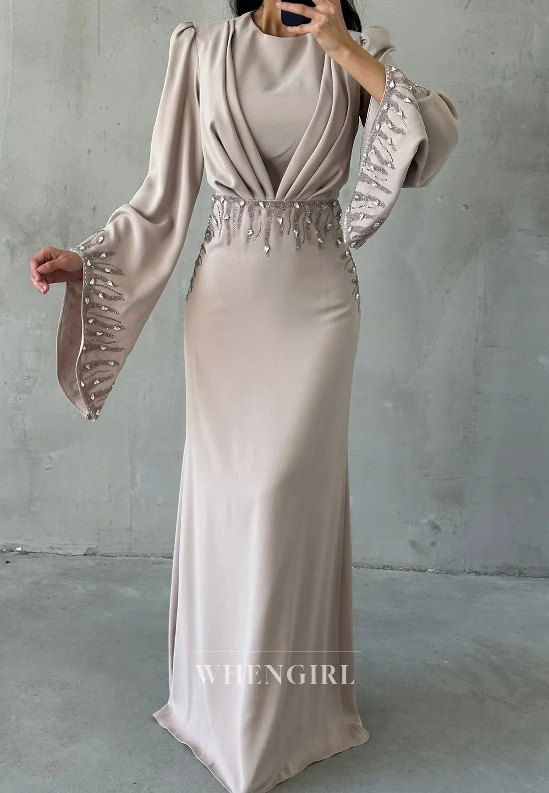 Column Long Sleeves Pleated Bateau Neck Floor Length Evening Formal Dress
