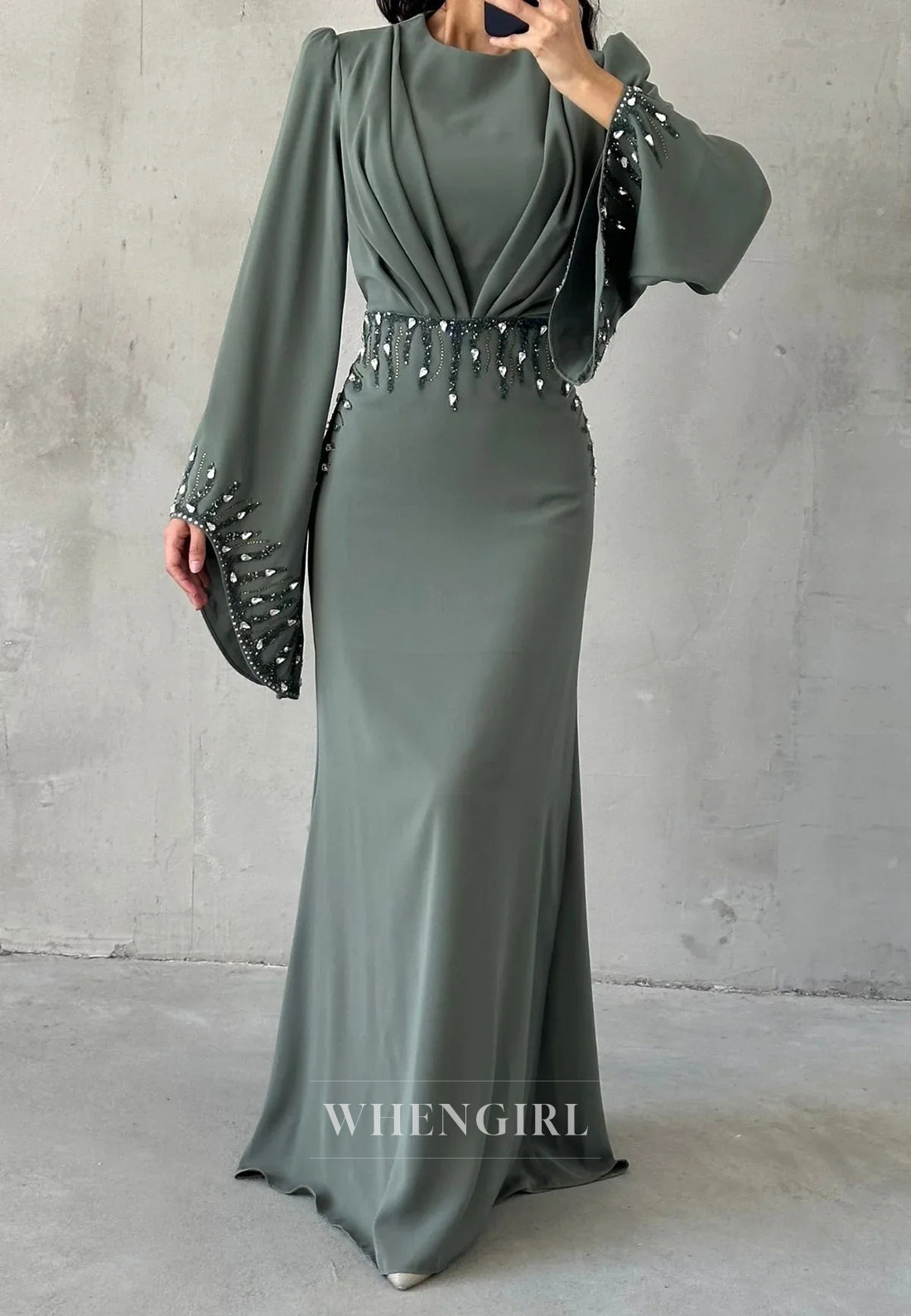 Column Long Sleeves Pleated Bateau Neck Floor Length Evening Formal Dress