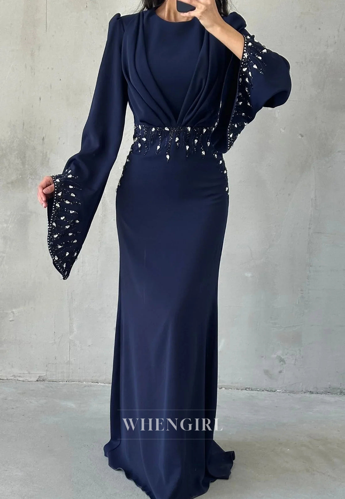 Column Long Sleeves Pleated Bateau Neck Floor Length Evening Formal Dress