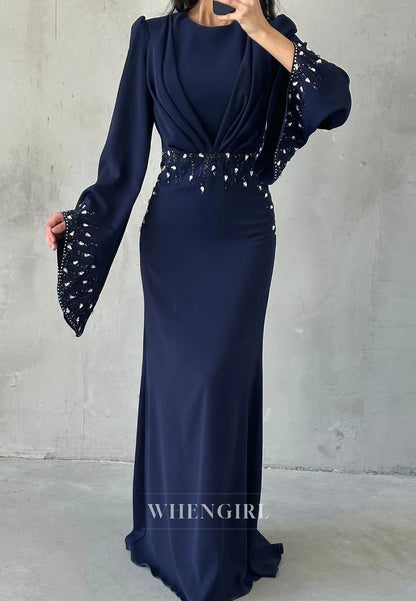 Column Long Sleeves Pleated Bateau Neck Floor Length Evening Formal Dress