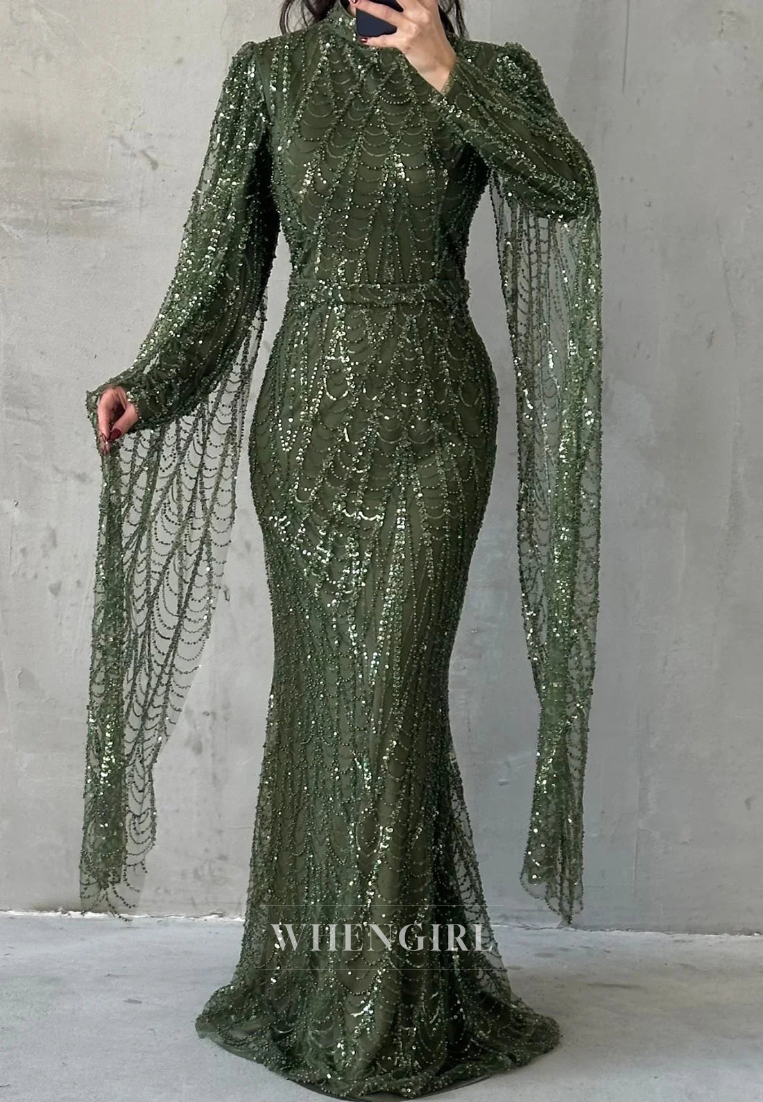 High Neck Floor Length Long Sleeves Full Beaded Sheath Evening Formal Gown