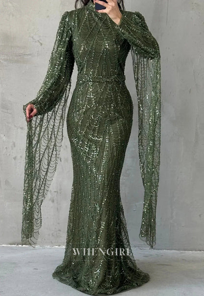 High Neck Floor Length Long Sleeves Full Beaded Sheath Evening Formal Gown