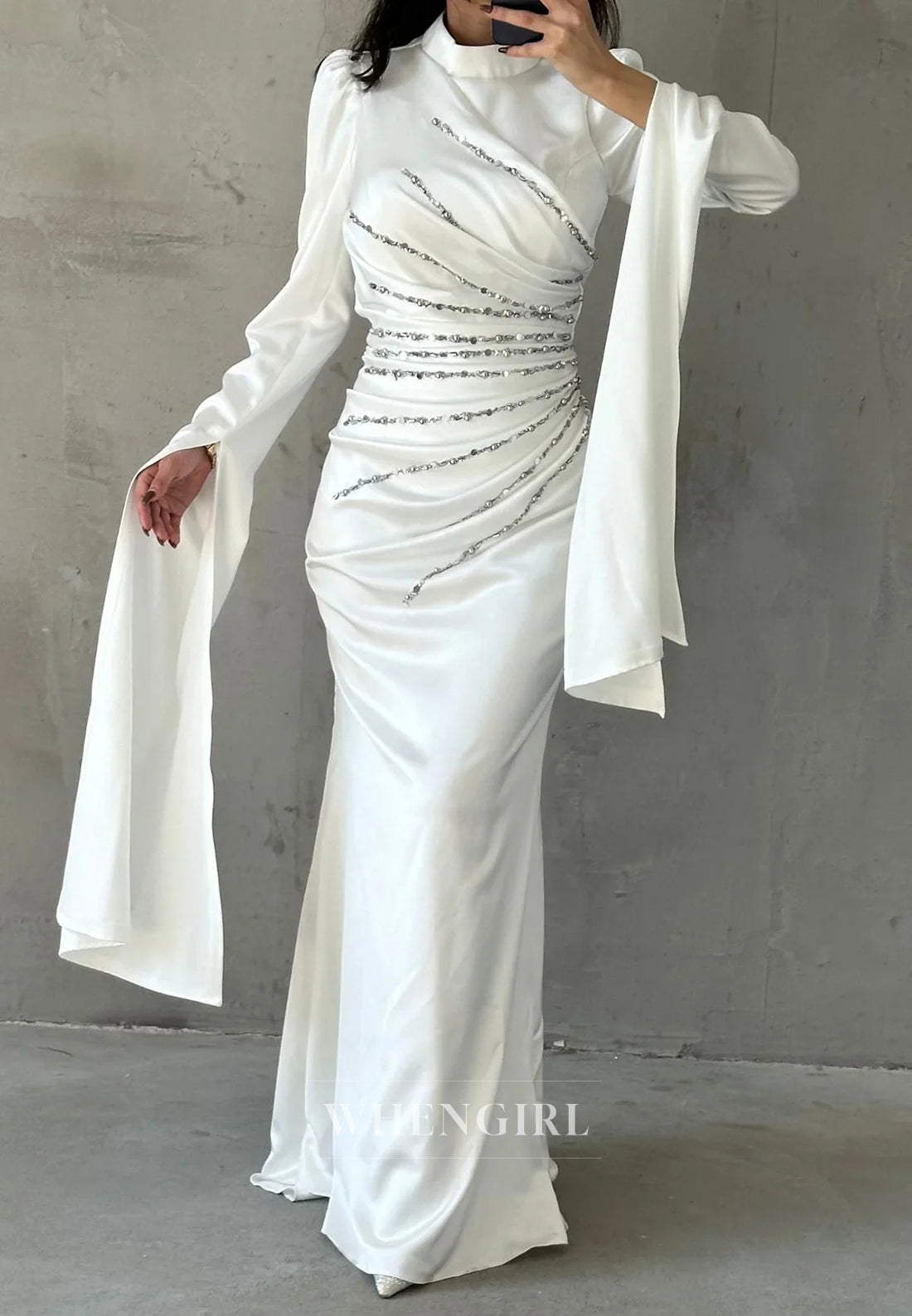 Sheath High Neck Long Sleeves Pleated Beaded Long Formal Evening Dress