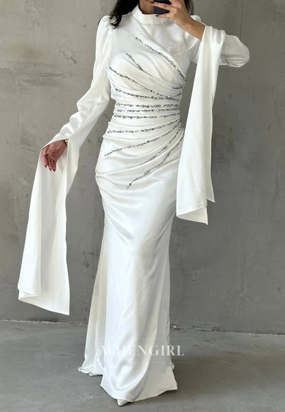 Sheath High Neck Long Sleeves Pleated Beaded Long Formal Evening Dress