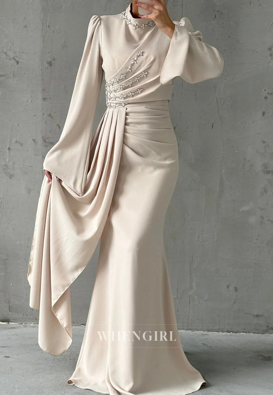 Column High Neck Long Sleeves Beaded Pleated Floor Length Evening Formal Dress