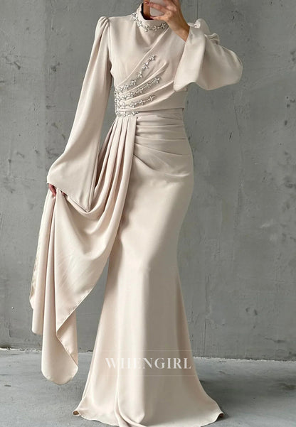 Column High Neck Long Sleeves Beaded Pleated Floor Length Evening Formal Dress