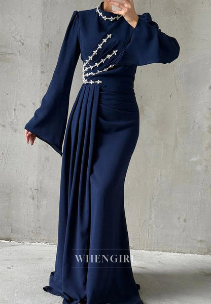 Column High Neck Long Sleeves Beaded Pleated Floor Length Evening Formal Dress