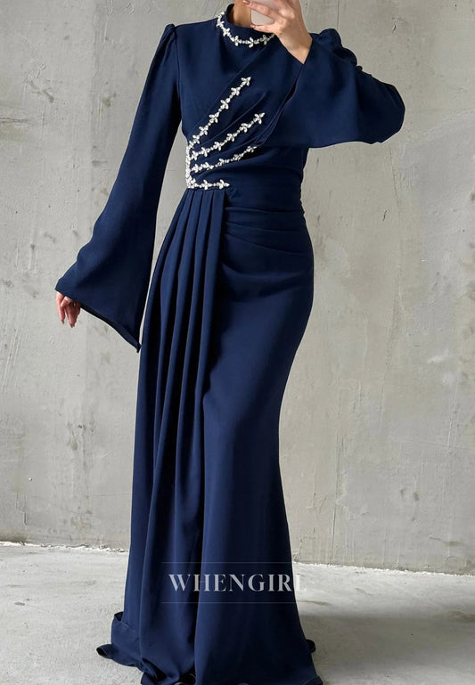 Column High Neck Long Sleeves Beaded Pleated Floor Length Evening Formal Dress