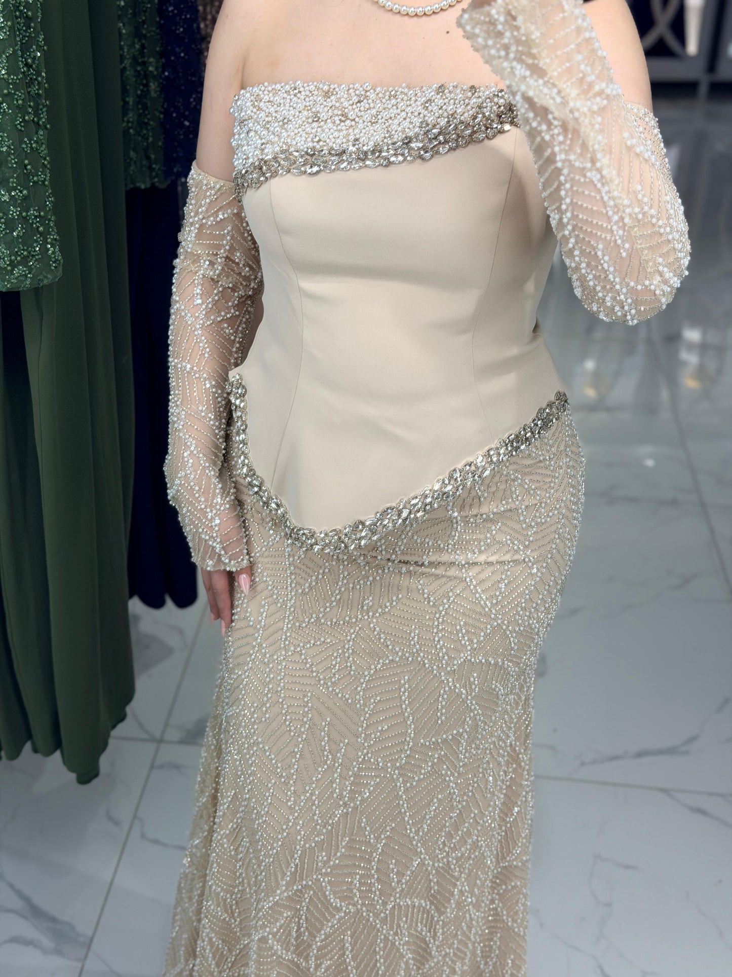 Beige Off Shoulder Long Sleeves Beaded Sheath Evening Dress