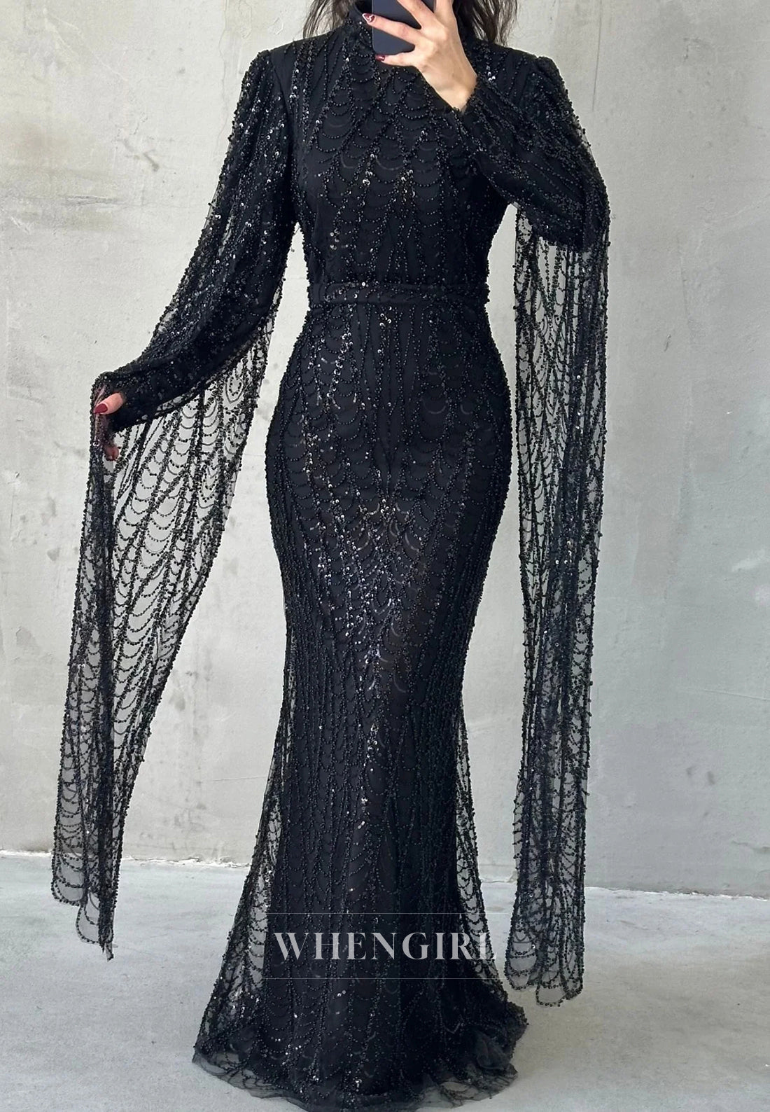 High Neck Floor Length Long Sleeves Full Beaded Sheath Evening Formal Gown