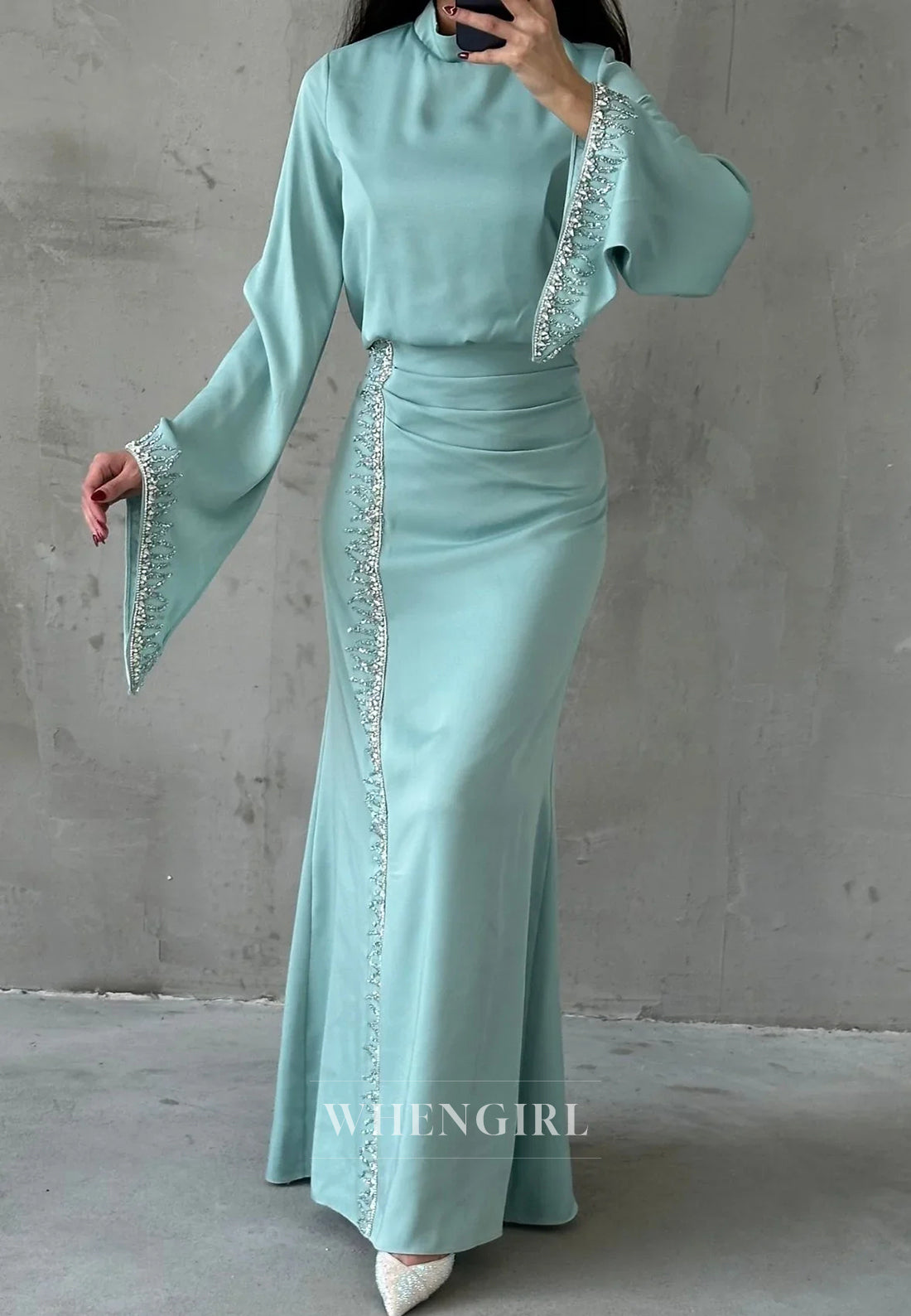 Sheath High Neck Long Sleeves Beaded Ankle Length Evening Formal Gown