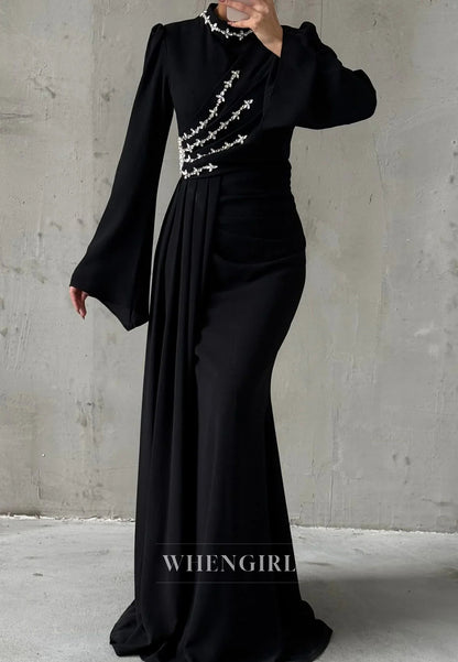 Column High Neck Long Sleeves Beaded Pleated Floor Length Evening Formal Dress