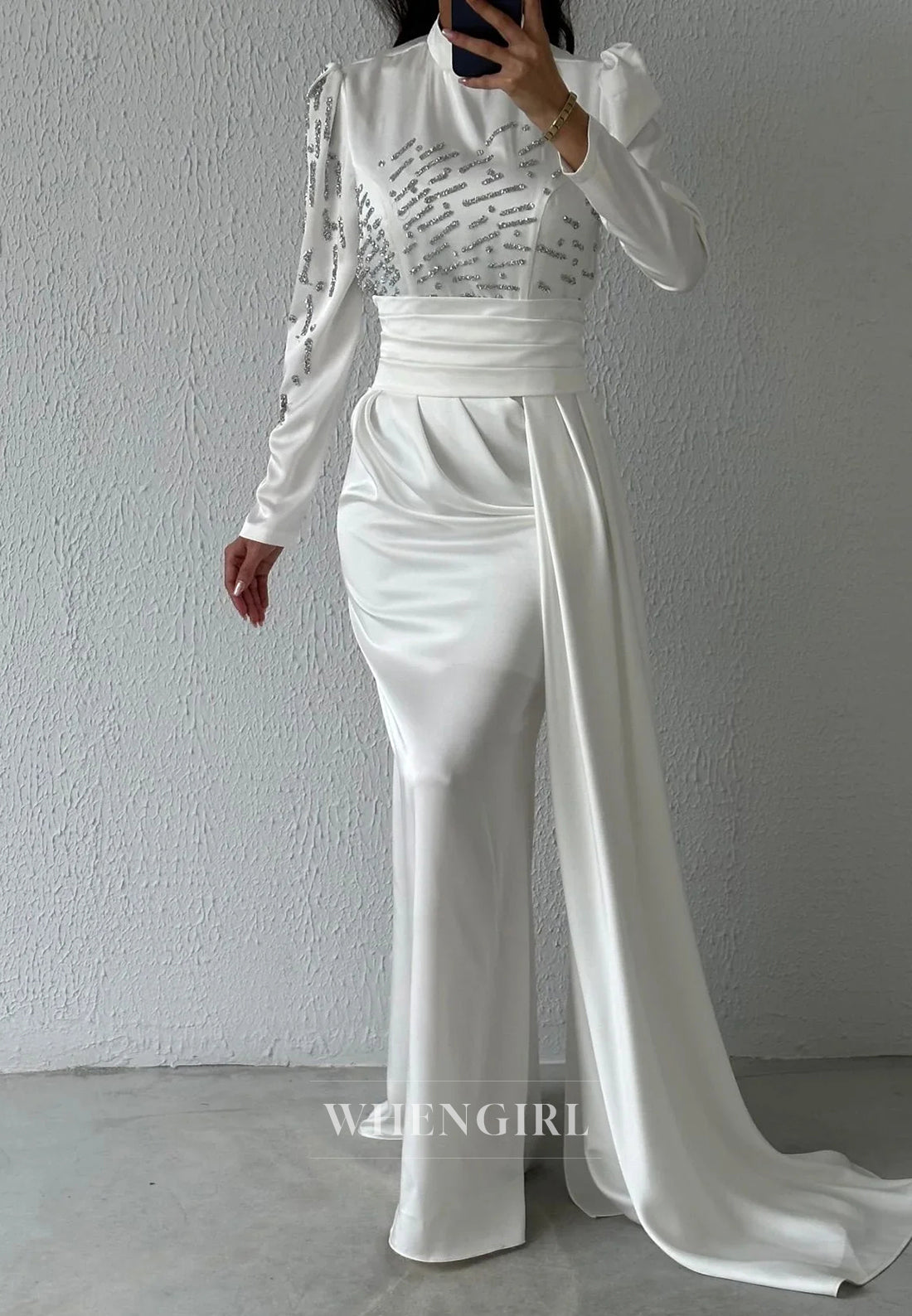 White High Neck Long Sleeves Pleated Column Formal Evening Dress with Side Train
