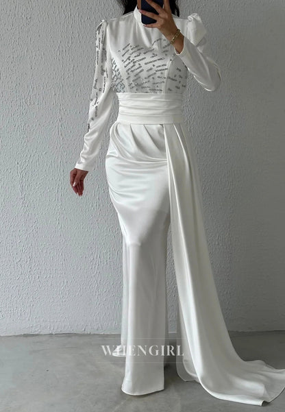 White High Neck Long Sleeves Pleated Column Formal Evening Dress with Side Train