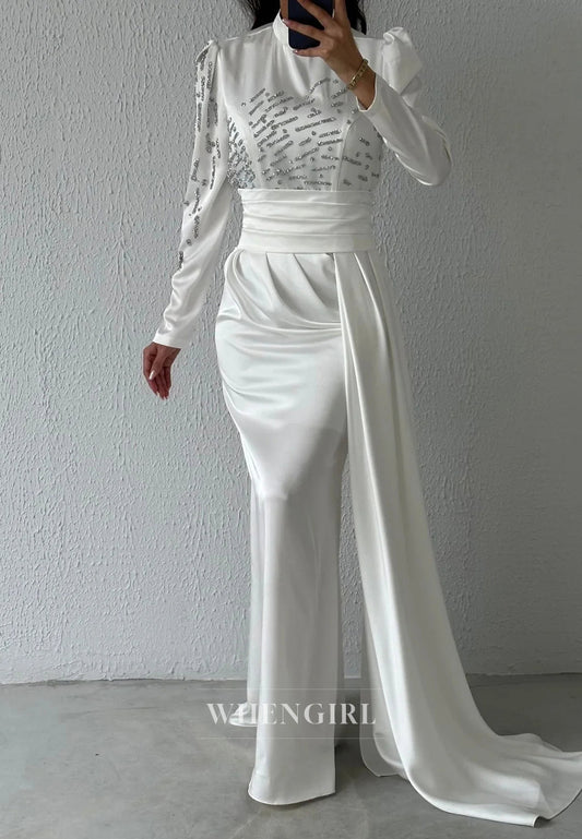 White High Neck Long Sleeves Pleated Column Formal Evening Dress with Side Train