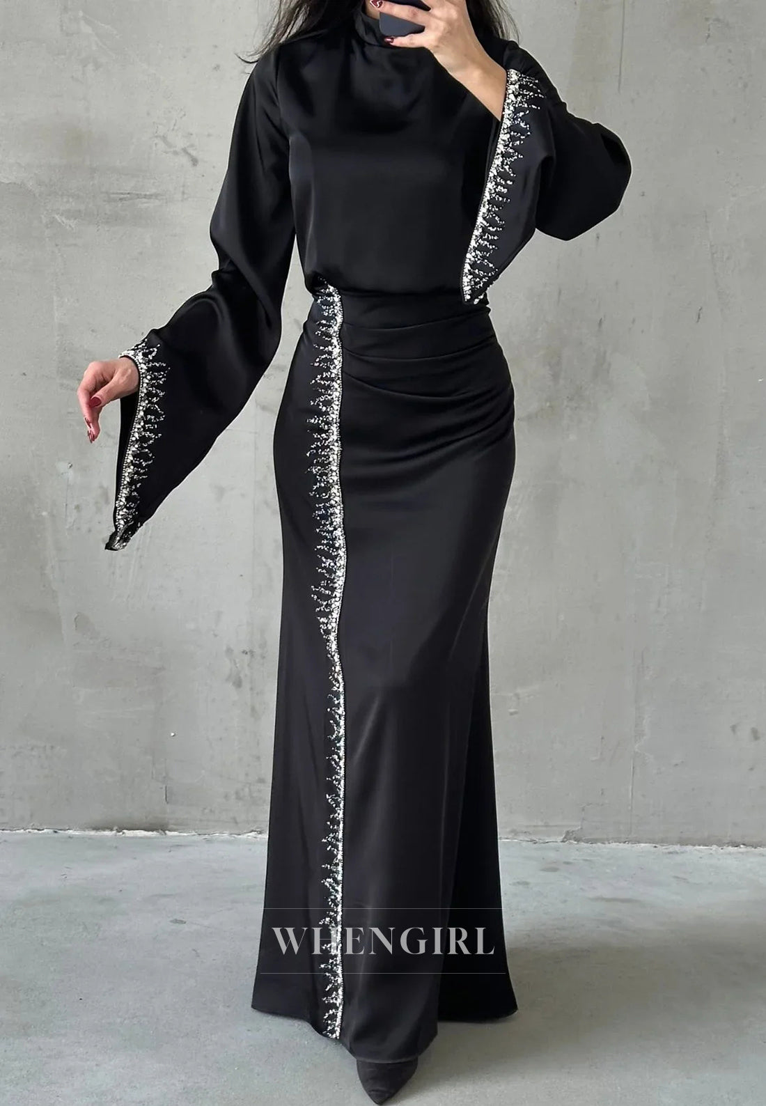 Sheath High Neck Long Sleeves Beaded Ankle Length Evening Formal Gown