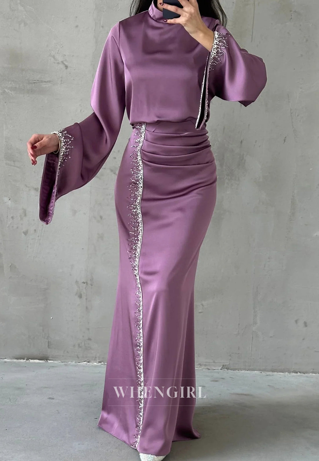 Sheath High Neck Long Sleeves Beaded Ankle Length Evening Formal Gown