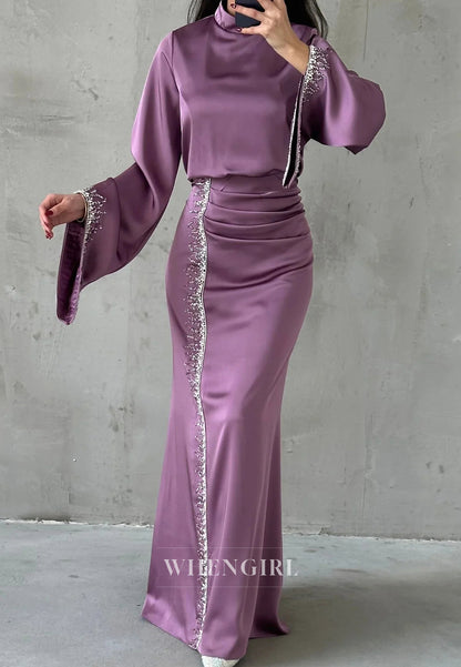 Sheath High Neck Long Sleeves Beaded Ankle Length Evening Formal Gown