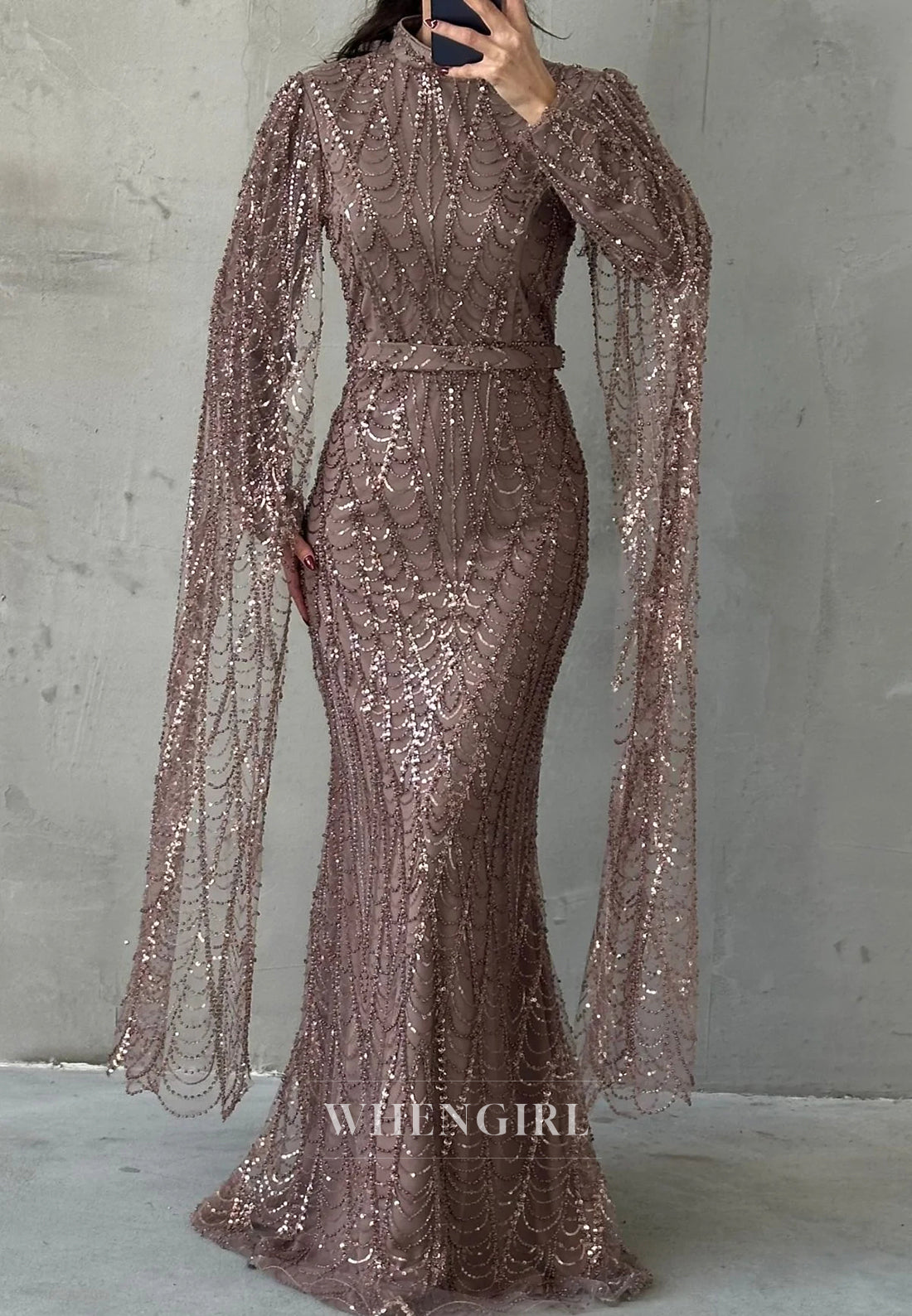 High Neck Floor Length Long Sleeves Full Beaded Sheath Evening Formal Gown