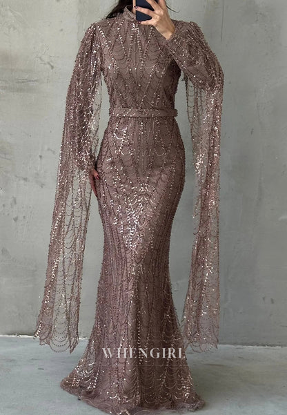 High Neck Floor Length Long Sleeves Full Beaded Sheath Evening Formal Gown