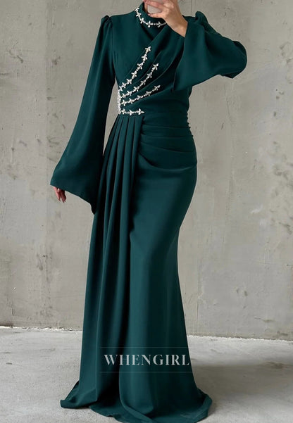 Column High Neck Long Sleeves Beaded Pleated Floor Length Evening Formal Dress