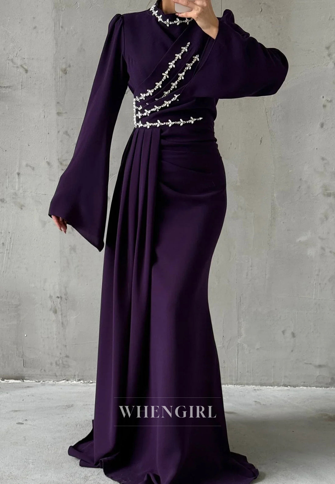 Column High Neck Long Sleeves Beaded Pleated Floor Length Evening Formal Dress