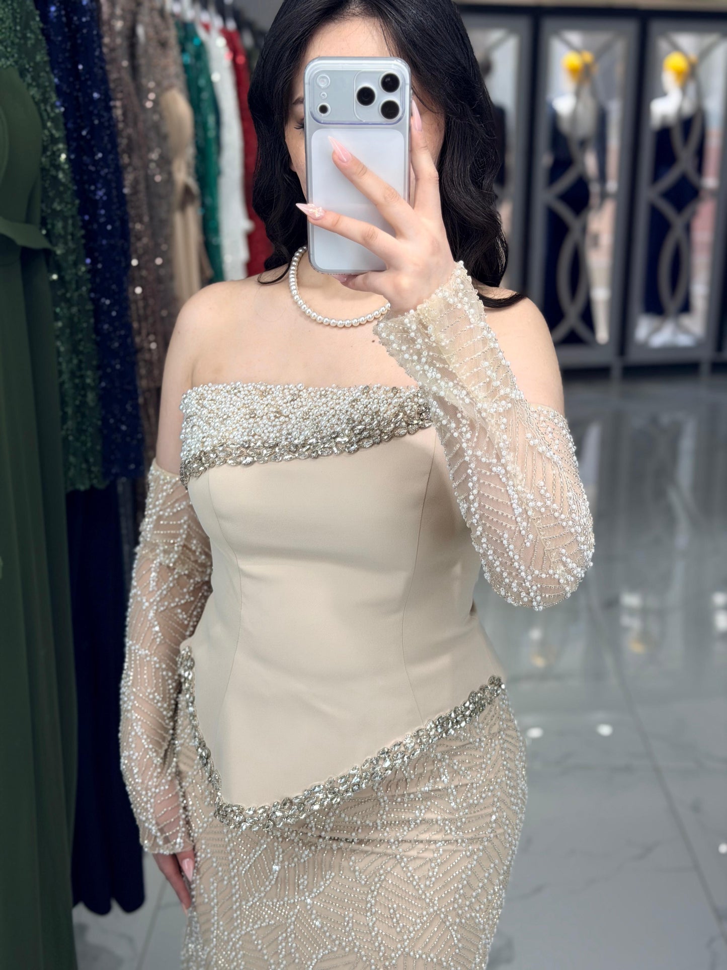 Beige Off Shoulder Long Sleeves Beaded Sheath Evening Dress