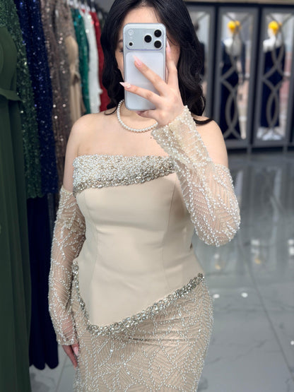 Beige Off Shoulder Long Sleeves Beaded Sheath Evening Dress