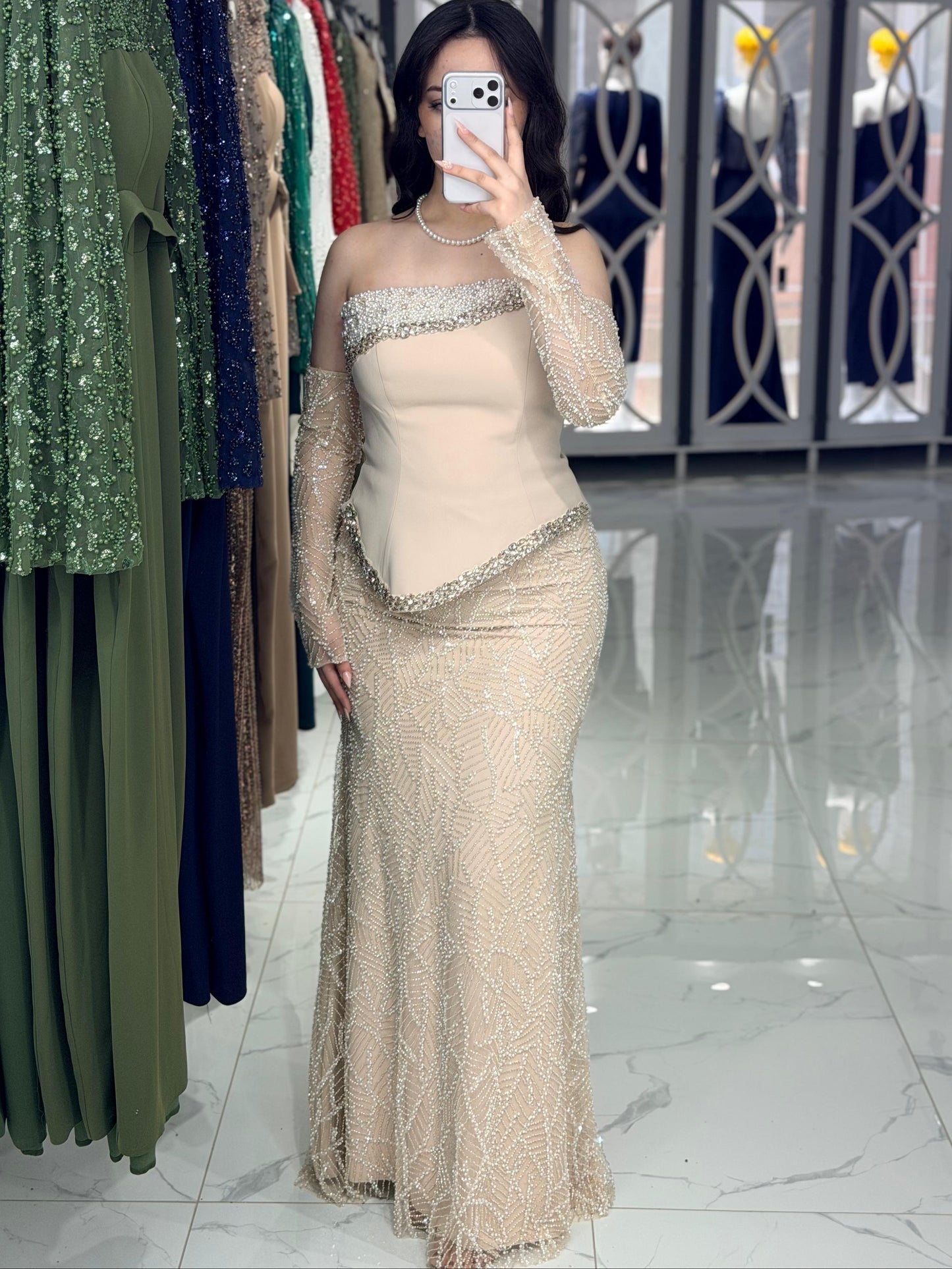 Beige Off Shoulder Long Sleeves Beaded Sheath Evening Dress
