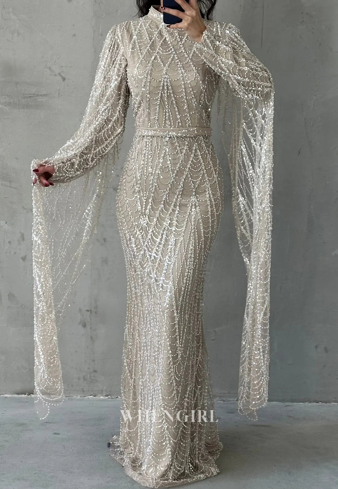 High Neck Floor Length Long Sleeves Full Beaded Sheath Evening Formal Gown