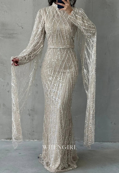 High Neck Floor Length Long Sleeves Full Beaded Sheath Evening Formal Gown