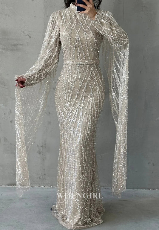 High Neck Floor Length Long Sleeves Full Beaded Sheath Evening Formal Gown