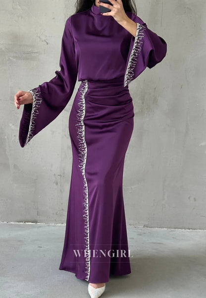 Sheath High Neck Long Sleeves Beaded Ankle Length Evening Formal Gown