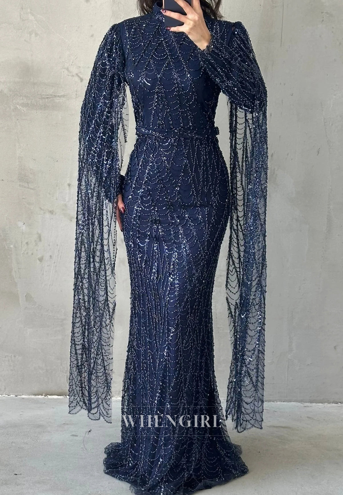 High Neck Floor Length Long Sleeves Full Beaded Sheath Evening Formal Gown