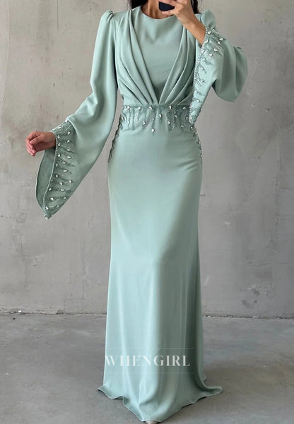 Column Long Sleeves Pleated Bateau Neck Floor Length Evening Formal Dress