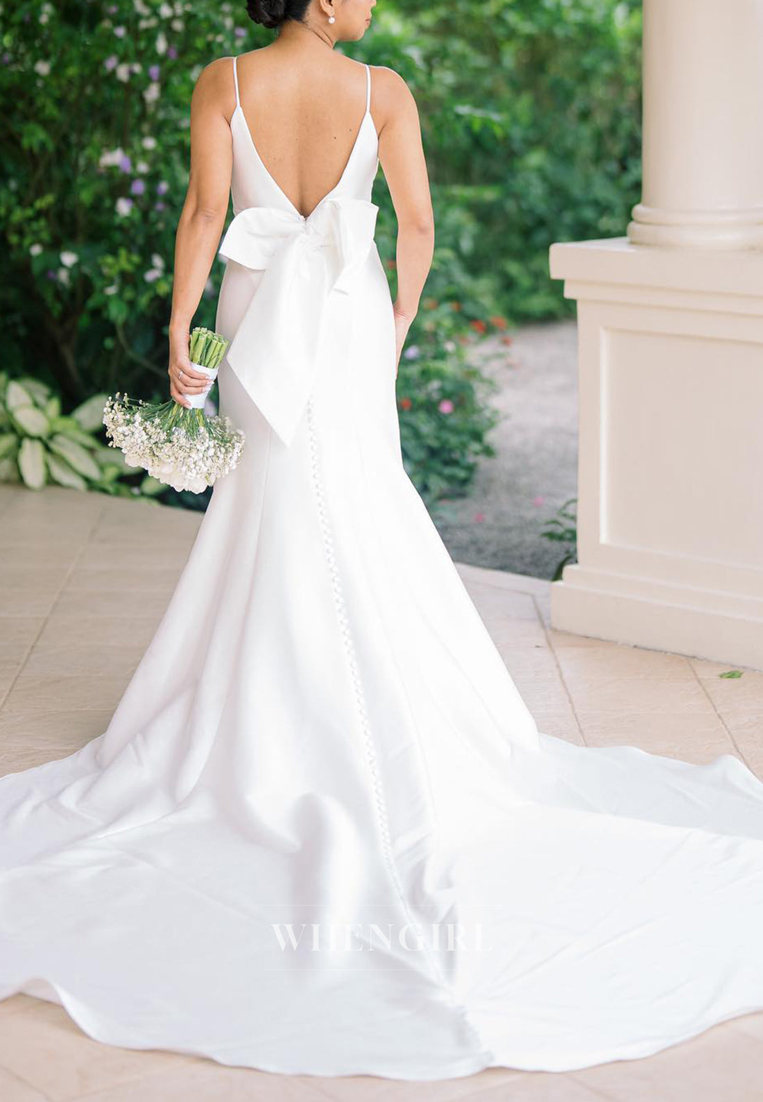 V Neck Spaghetti Straps Sleeveless Mermaid Bowknot Court Train Wedding Dress