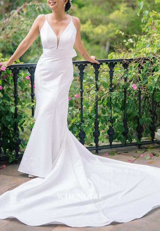 V Neck Spaghetti Straps Sleeveless Mermaid Bowknot Court Train Wedding Dress