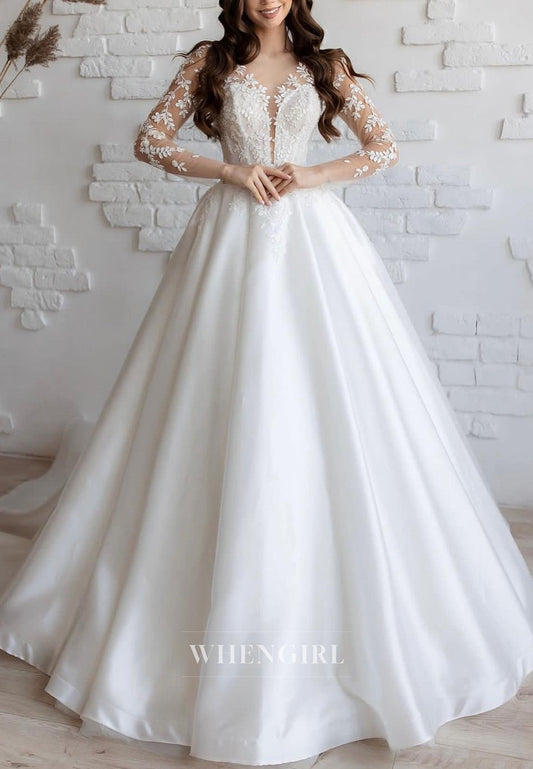 V Neck Long Sleeves Appliqued Lace A-Line Satin Court Train Wedding Dress