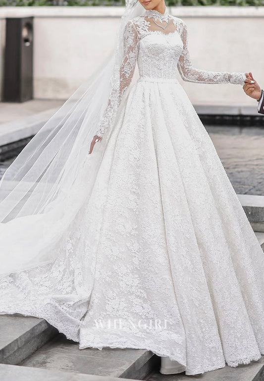 High Neck Long Sleeves Appliqued Lace Beaded A-Line Court Train Wedding Dress