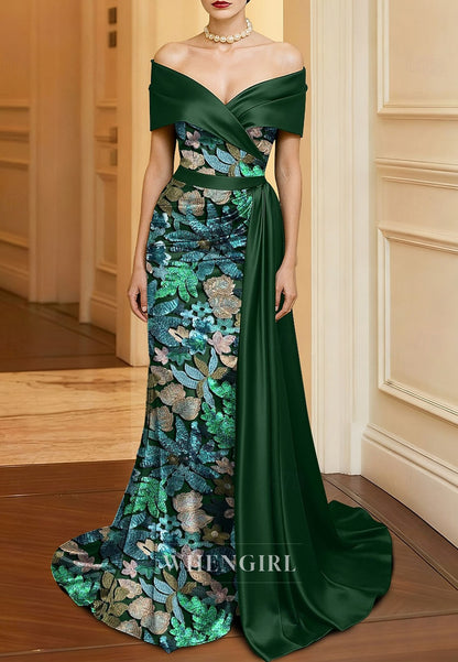 Mermaid Off Shoulder Sequins Sweep Train Mother of the Bride Dress